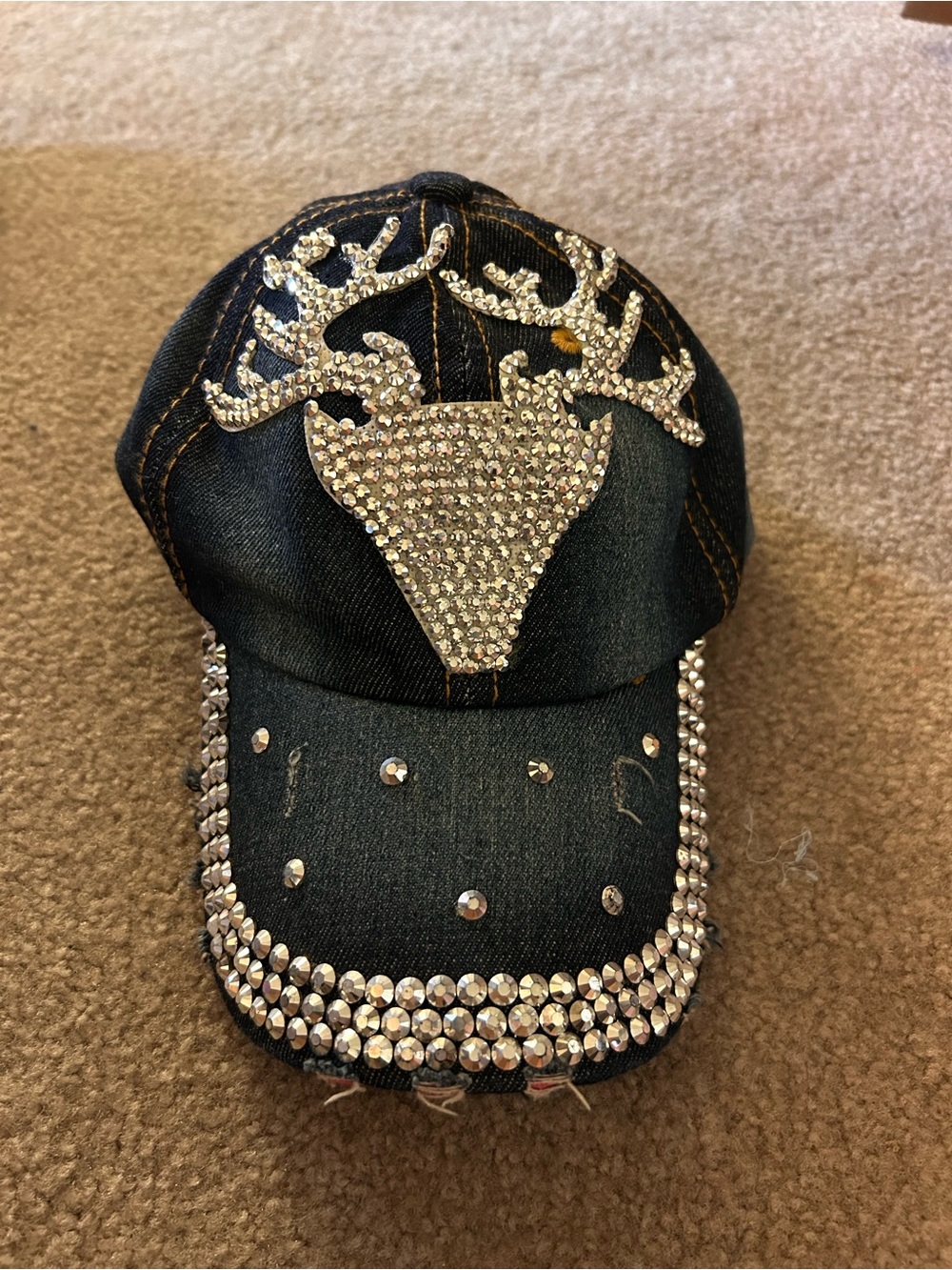 Rhinestone Deer Denim Baseball Cap - Black